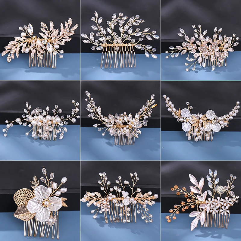 Złoty Rhinestone Pearl Color Ślubne grzebienie do włosów Różowe złoto Akcesoria do włosów dla kobiet Akcesoria Złote ozdoby do włosów Biżuteria