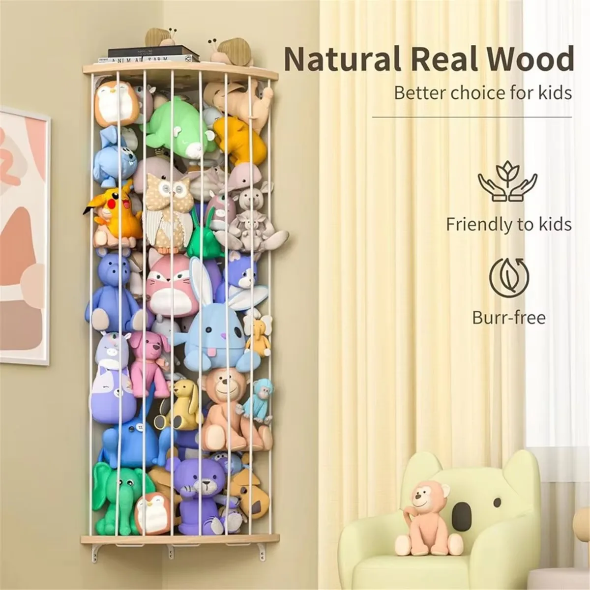 1Pcs Stuffed Animal Storage Wood Corner Plush Toys Holder with Star Pattern, Length Adjustable Hanging Stuffed Animal