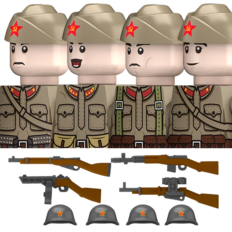 

Military WW2 Soviet M35 Uniform Figures Building Blocks Russia Army Infantry Boat Hat Steel Helmet PPS Weapons Bricks Toys Kids