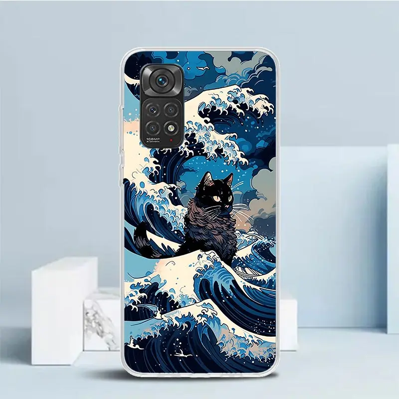 Anime Cat Sea Wave Aesthetic Phone Case For Xiaomi Redmi Note 13 12S 12 11S 11 11T 11E Pro Plus 10S 10 9S 9 8T 8 7 + Soft TPU Ba