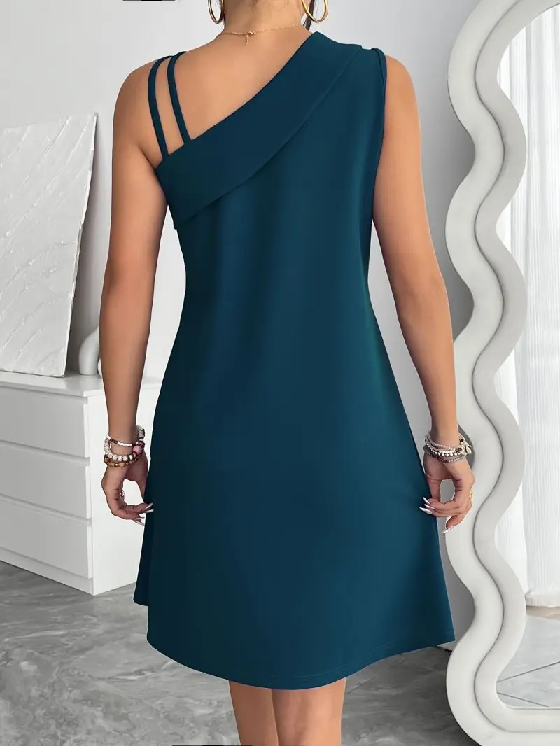 Asymmetrical Sleeveless Vest Dress Slant Shoulder Pleated Design Loose Straight Tube Temperament Short Skirt for Women