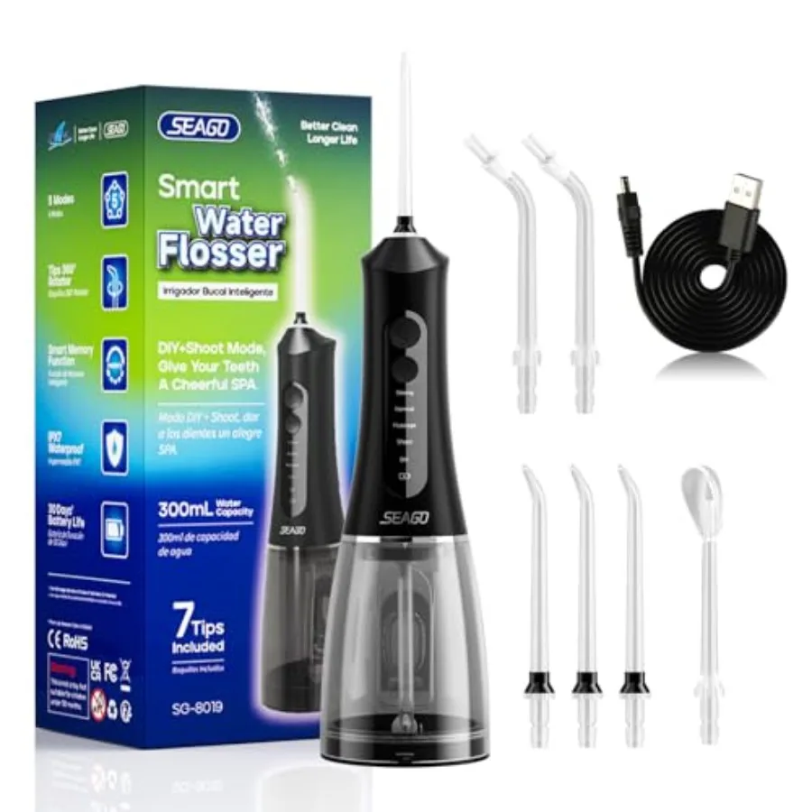 

Water Dental Flosser Cordless for Teeth, 5 Modes and 7 Nozzles, Dental Water Flosser 300mL, DIY Mode Memory Function, IPX7 Wate