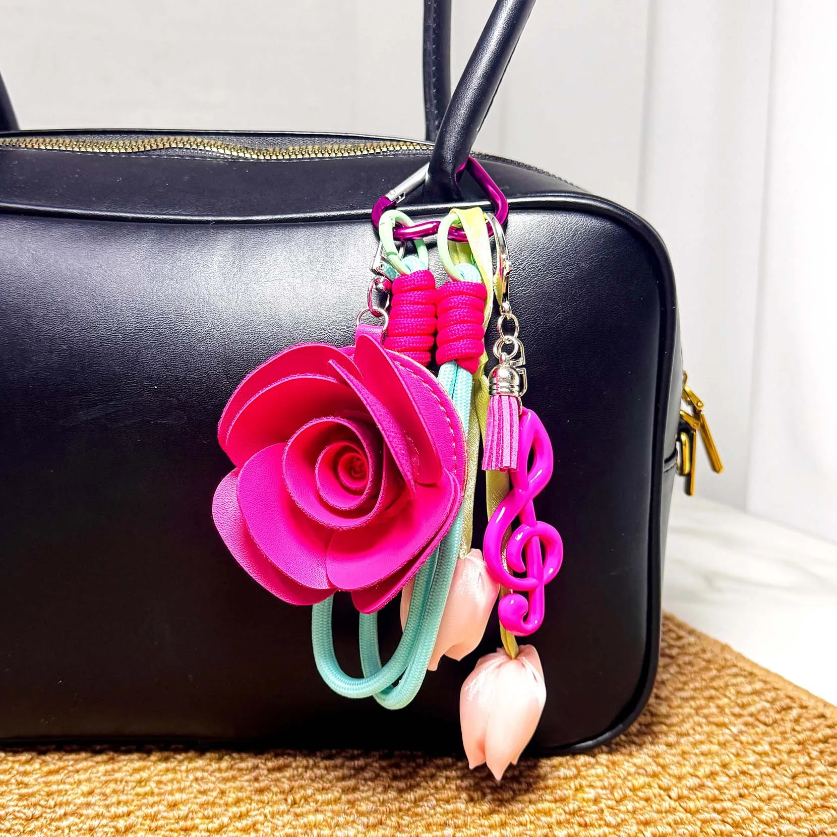 Leather Rose Flower Keychain Hand Braided Rope Roman Knot Lanyard Keychain Bag Accessories Pendant for Women