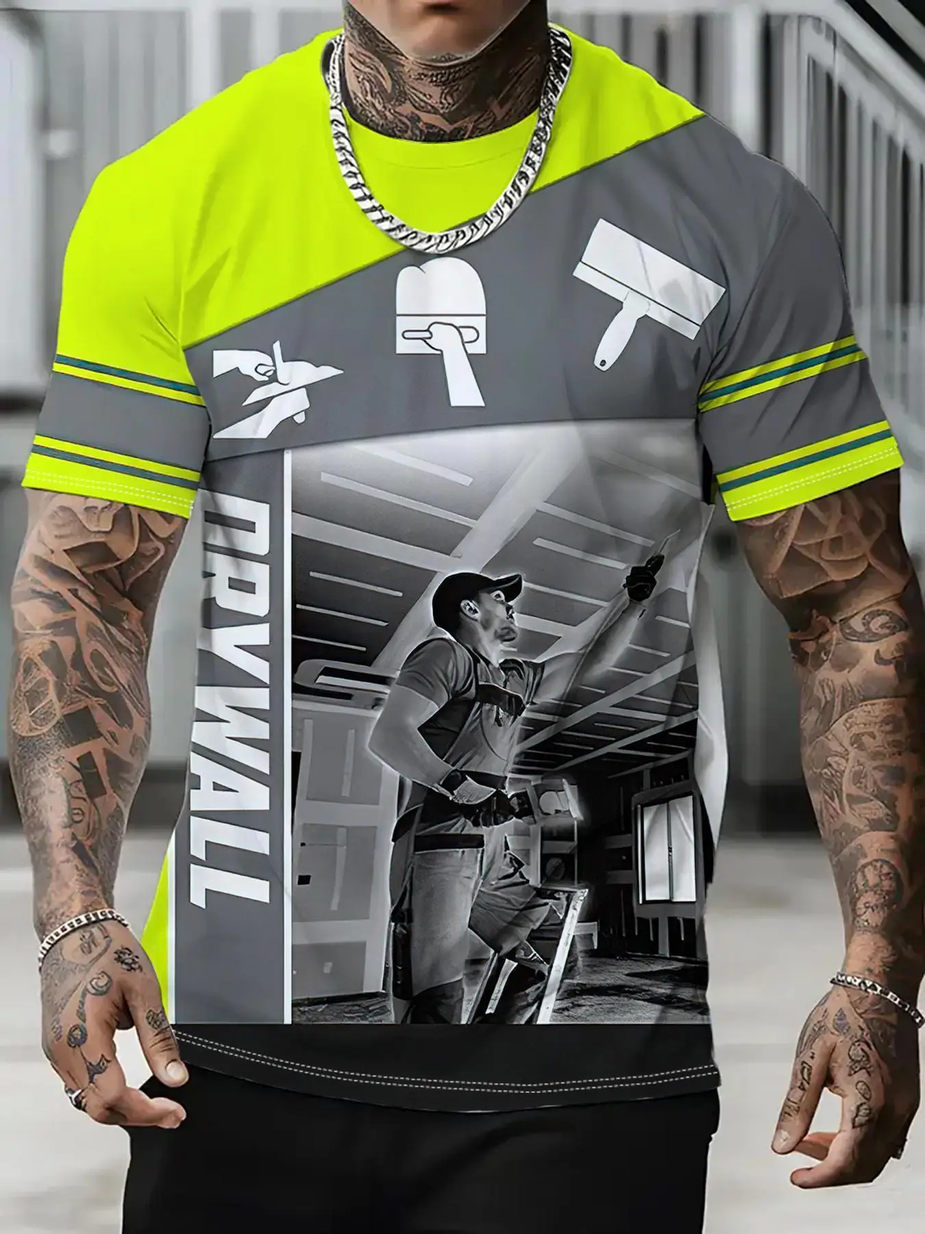 

Men's Painting Tool Pattern Printed Short Sleeve T-Shirt - Neon Green and Grey Contrast Design Breathable 100% Polyester
