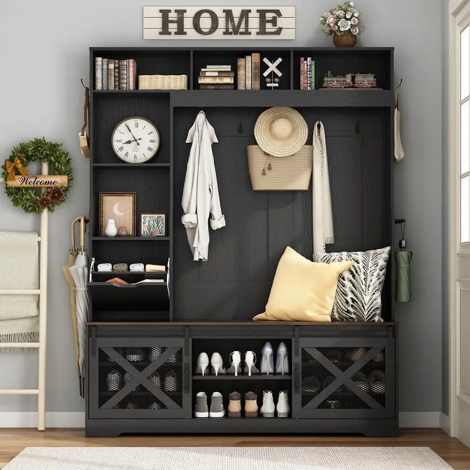 LED Farmhouse Hall Tree with Bench and Shoe Storage
