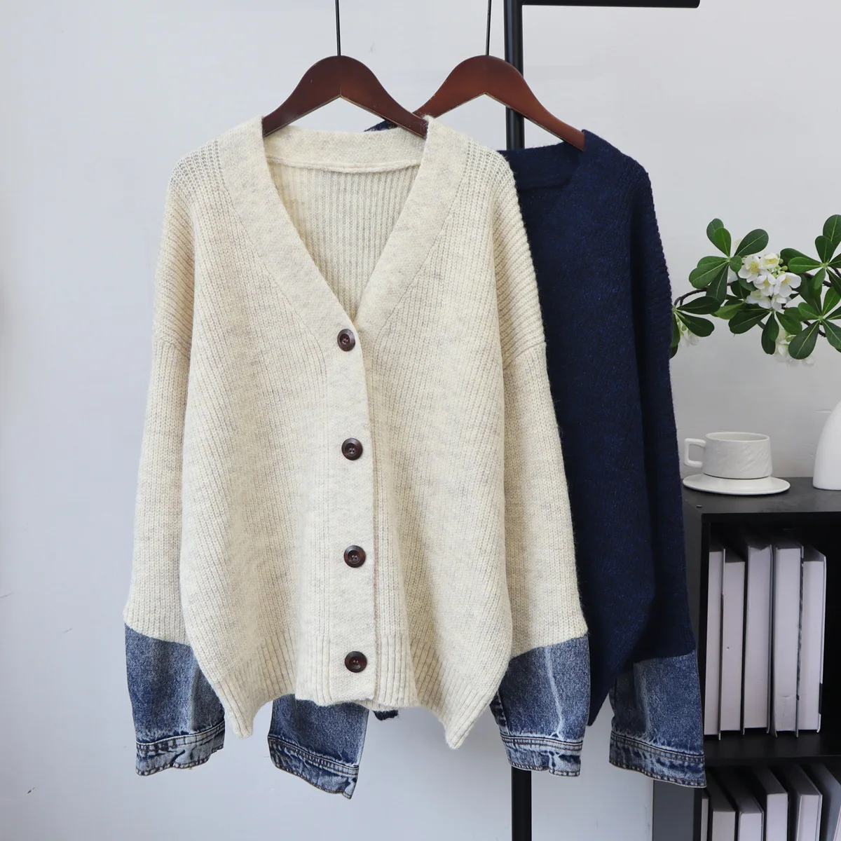 SuperAen 2026 Autumn and Winter New V-neck Patched Denim Sweater Coat for Women Korean-style Loose and Casual Knitted Cardigan
