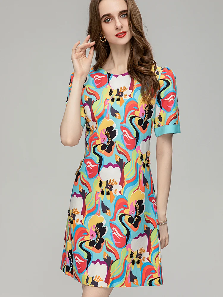 

2023 Fashion Summer Designer Runway Vintage Colorful Print Women Mini Dress O-Neck Diamonds Beading Package Buttocks Vestido