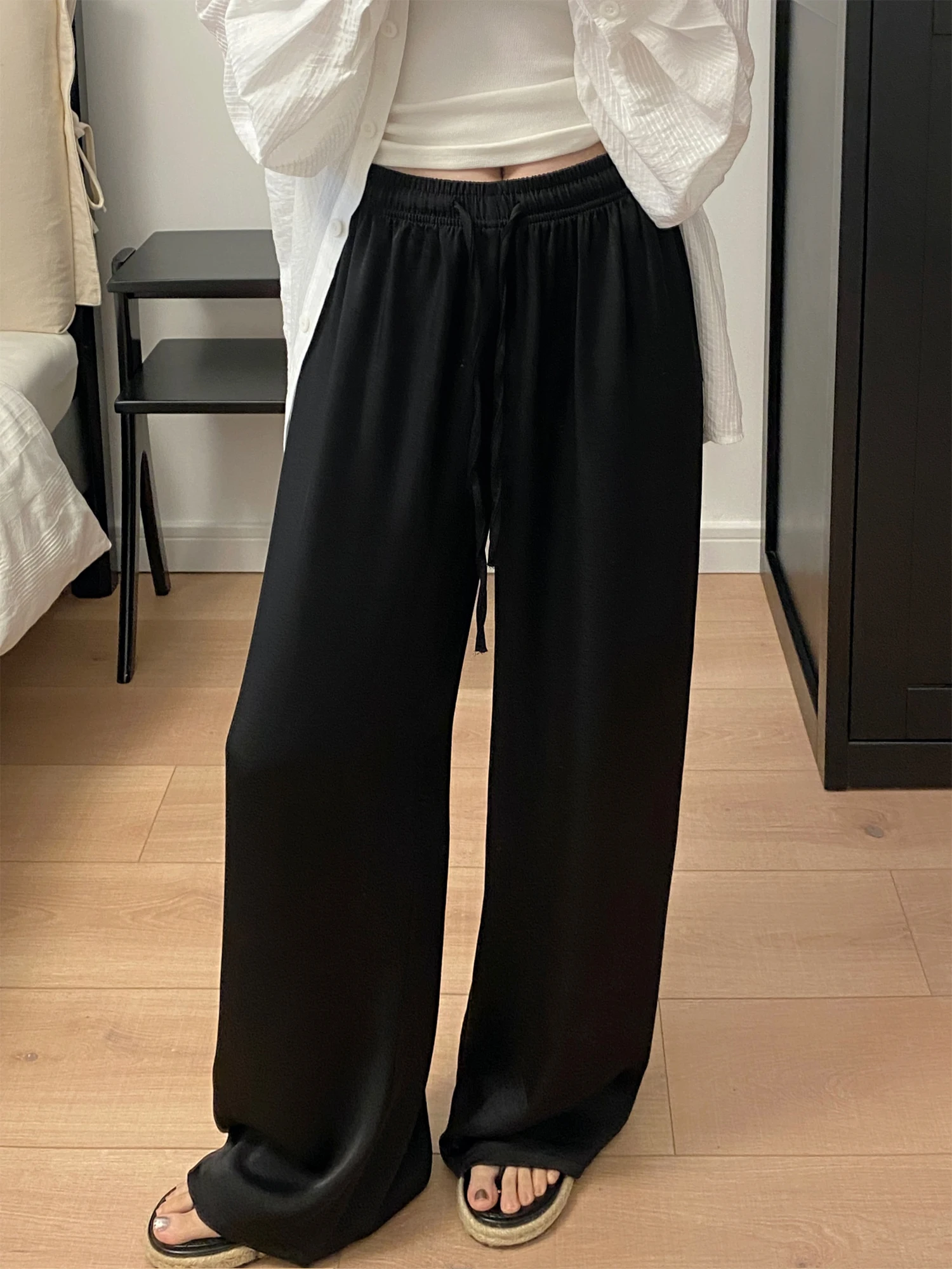 

Легкие летние повседневные брюки для женщин: широкие штанины, высокая талия, из тонкого ледяного шелка, свободный крой, прямые, для работы и отдыха