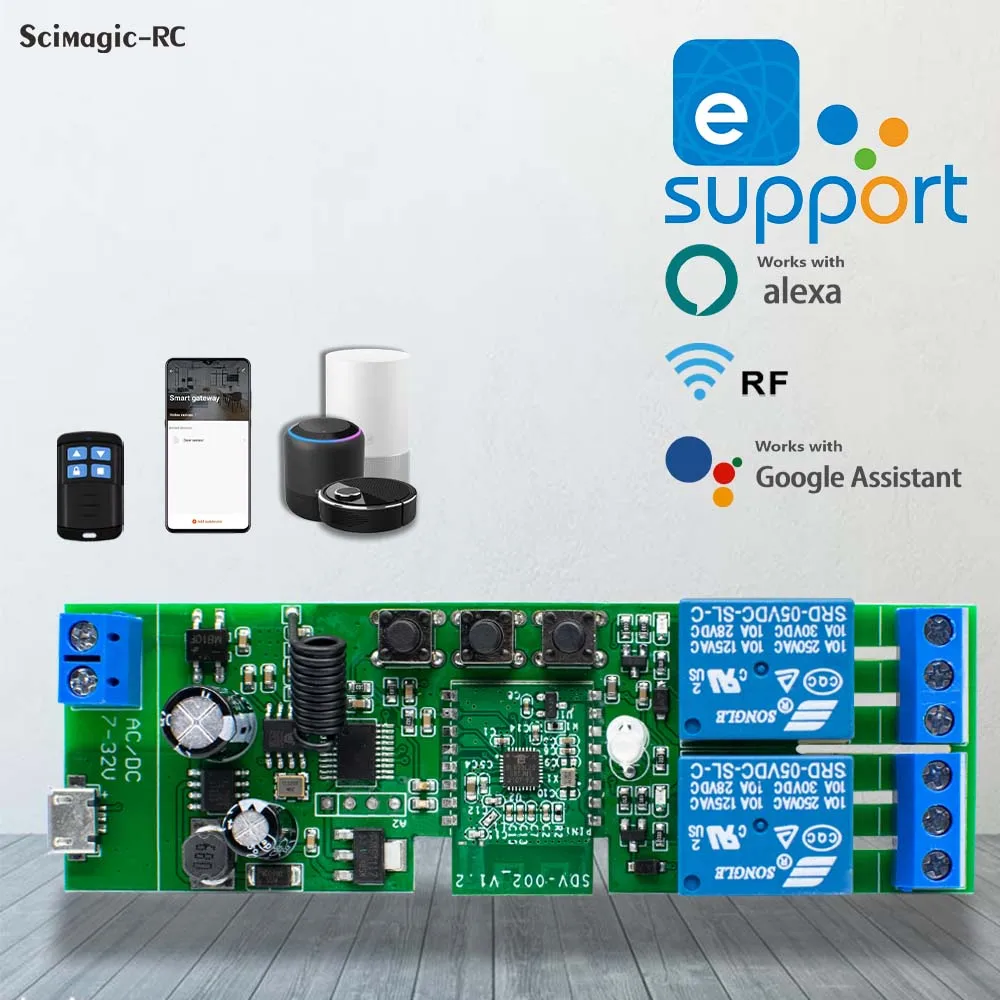 

2-канальный смарт-переключатель Ewelink WIFI, релейный модуль DC7-32V 220 В для открывания Гаражных дверей, переключатель двигателя с голосовым управлением