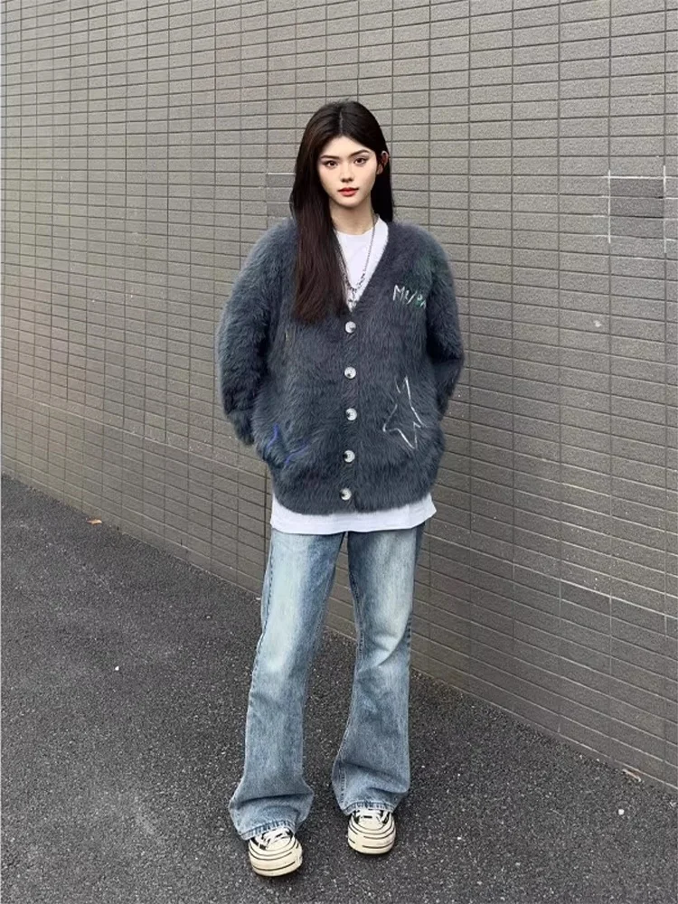 

Retro Star Embroidered Men's Knitwear Winter Warm Lazy Sle Camere Open Cardigan Thiened V-ne Long Sve Sweater