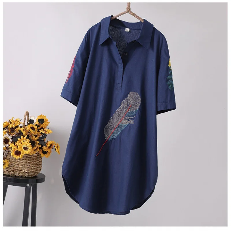 2025 Summer New Size Feather Embroidered Short Sleeve Shirt Retro Art Long Top Hooded Tops For Women