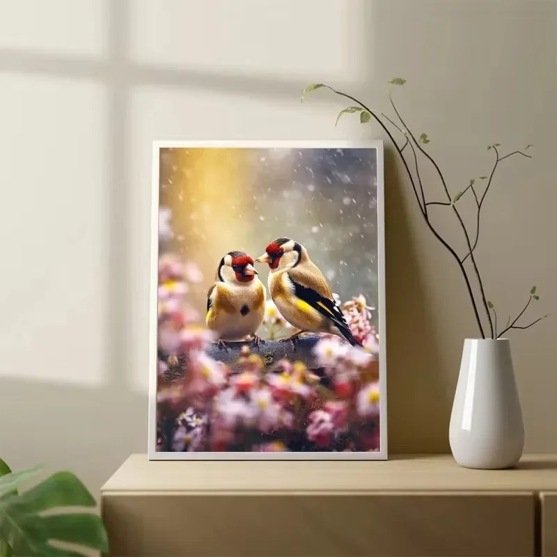 Multiple sizes 1pc frameless Canvas Painting,Beautiful Birds Animal Goldfinch Couple with Flower Posters Prints Canvas Painting