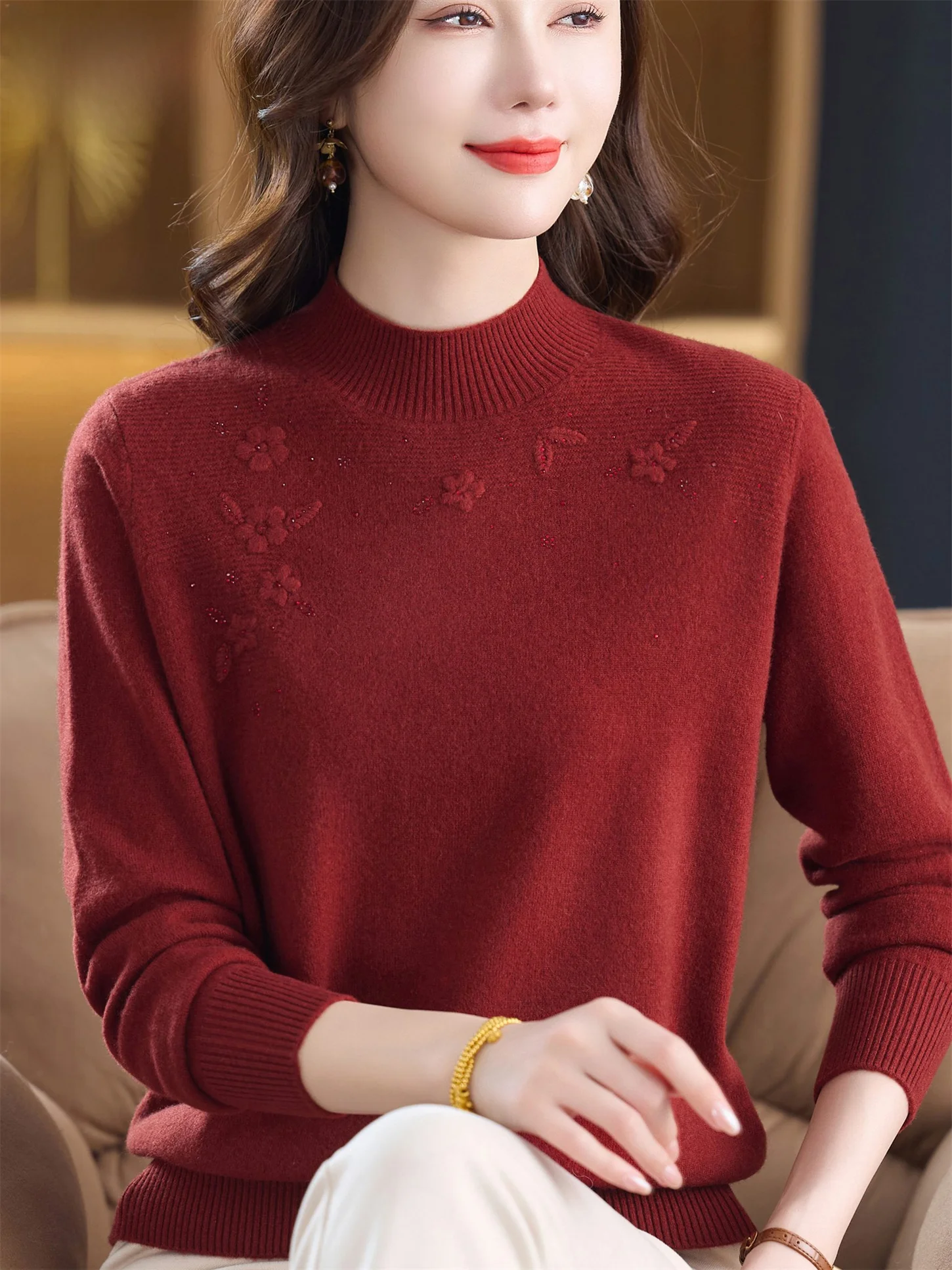 

00 База из чистой шерсти с цветочным принтом, морской теплый топ для женщин среднего возраста и ли, весенне-осенняя новая одежда для мам