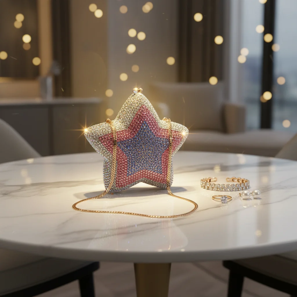 

High Quality Little Star Alloy Magnetic Clasp Star Crystal Clutch Small Diamond-Studded Dinner Bag Banquet Evening Bag Luxury