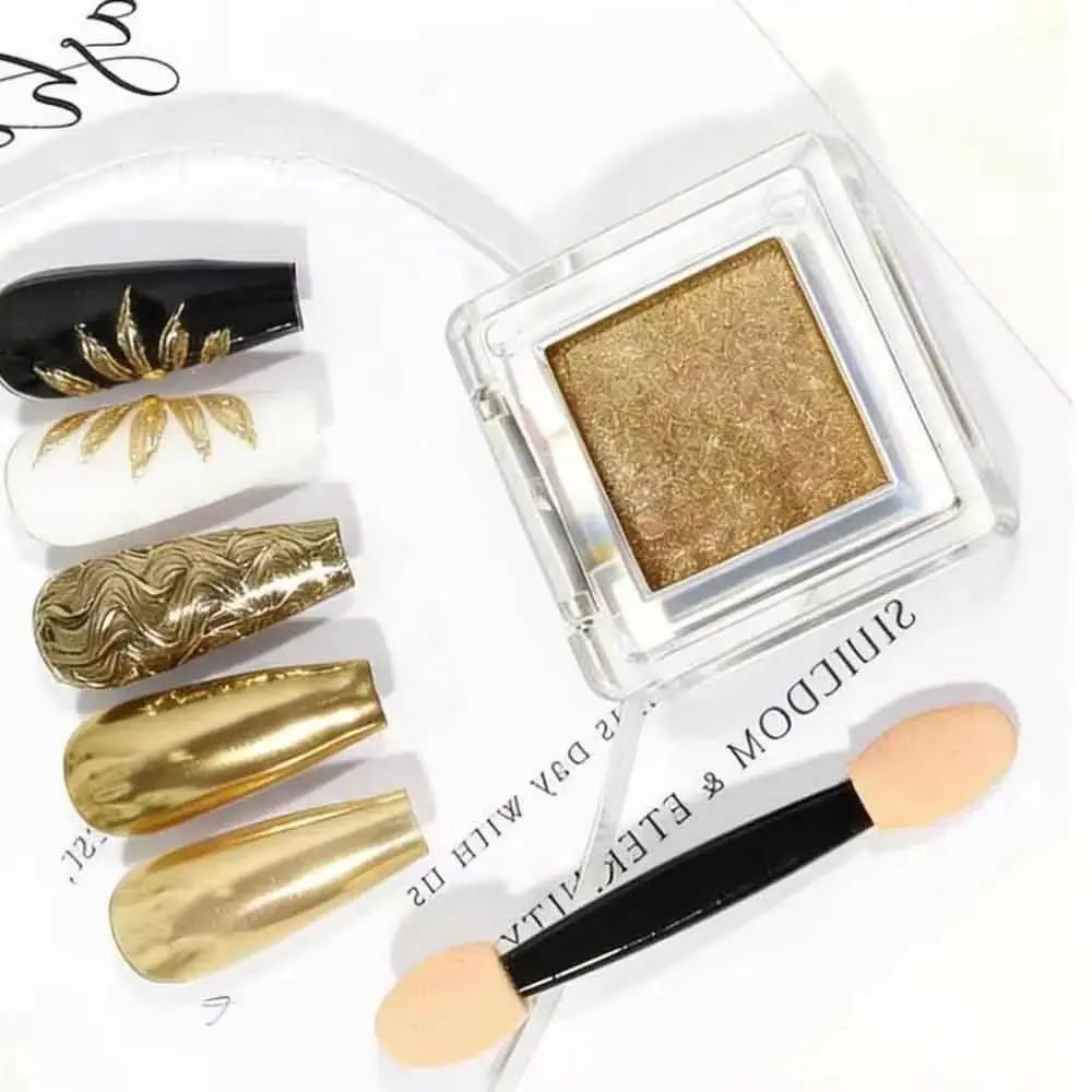 1 Box Gold Mirror Nail Powder Set High Shine Metallic Chrome Nail Pigment with Sponge Tool for 3D French Nail Art & DIY Manicure
