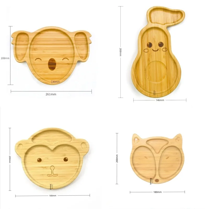 Eco-friendly Koala Avocado Fox Animal Bamboo Suction Cup High Quality Natural Bamboo Children\'s Plate Set Spoon Fork Cutlery