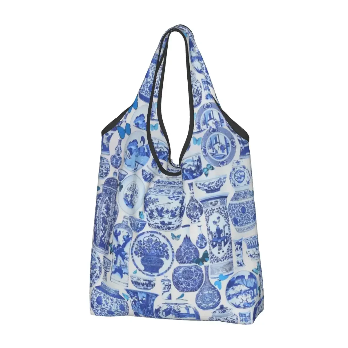 Reusable Delft Blue Porcelain Vases Pattern Shopping Bag Tote Bag Portable Antique Oriental Toile Groceries Shopper Bags