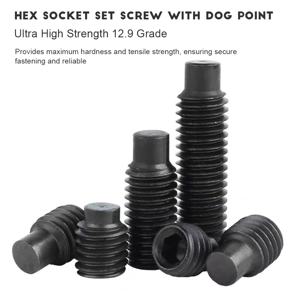 2-50pcs Hexagon Socket Set Screw with Dog Point Grub Screw 12.9 Grade Steel M2.5-M12 Black Metric Extended-Tip Set Screw DIN915