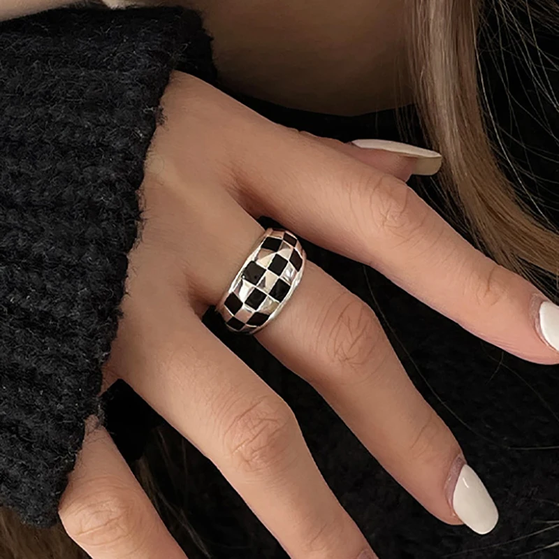 FOXANRY Minimalist Silver Color Couples Rings for Women Fashion Creative Black White Plaid Geometric Party Jewelry Gifti