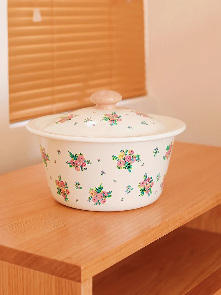 Enameled Kitchen Sink Pig Lard Pot round Shape Home Use Soup Bowl Dishwasher Safe French Style Country Life Pattern Enamelware