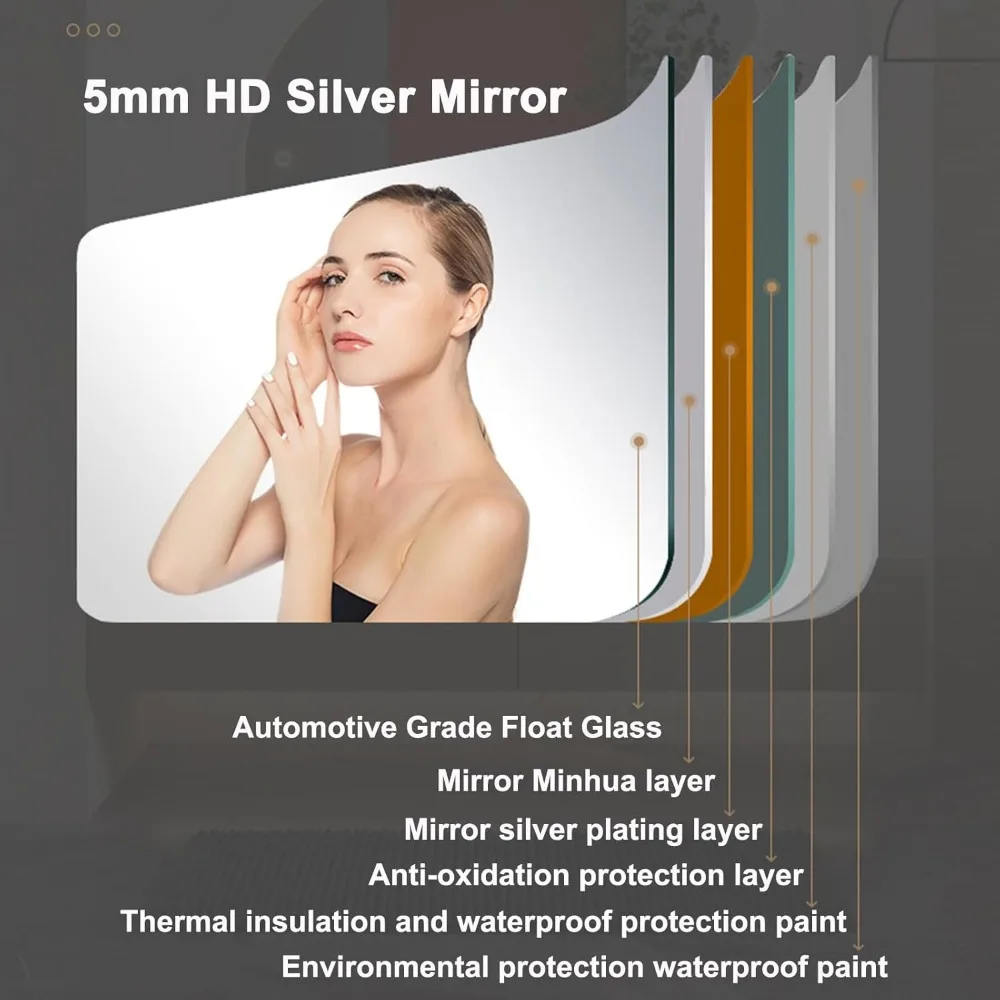 Espelho de banheiro LED semicírculo montado na parede com design de vaidade sem moldura e tecnologia Smart Touch, com luz de três cores