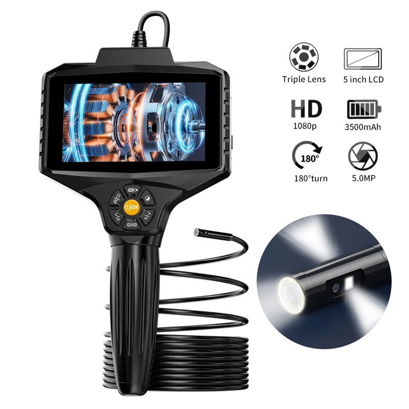 

Triple Lens Borescope 5 inch IPS Screen Endoscope Camera with Split Screen View HD Sewer Inspection Camera with 8 LED for Home