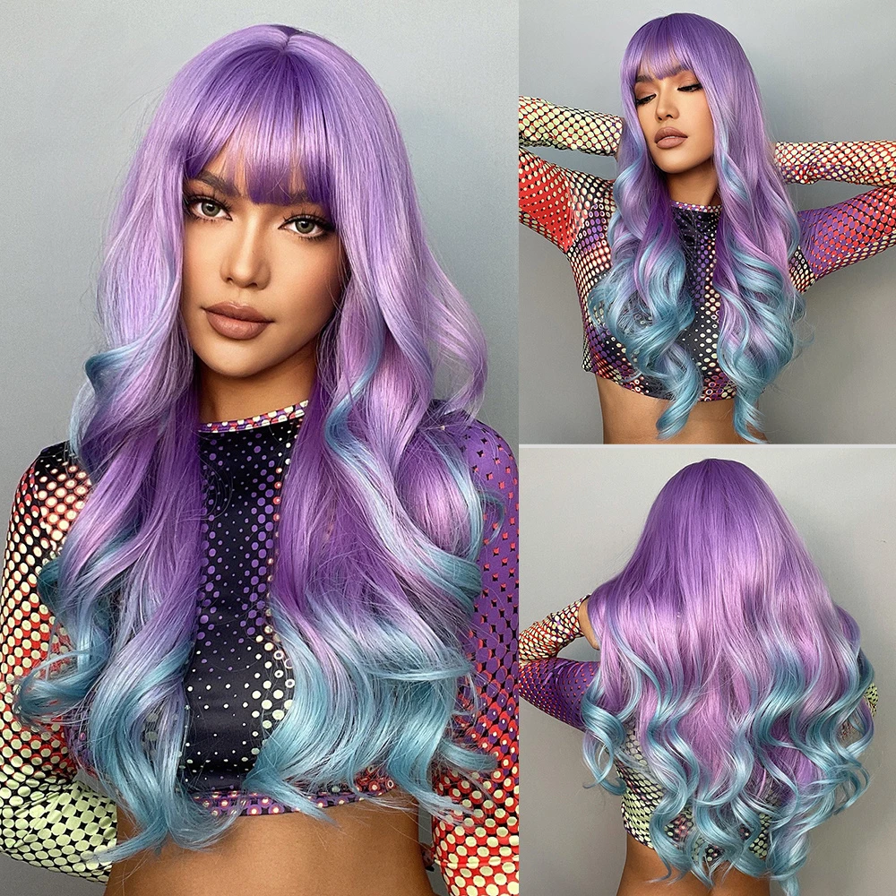 

Synthetic Long Wavy Ombre Purple to Blue For WOMEN Cosplay halloween Heat Resistant Fiber Bangs Wigs