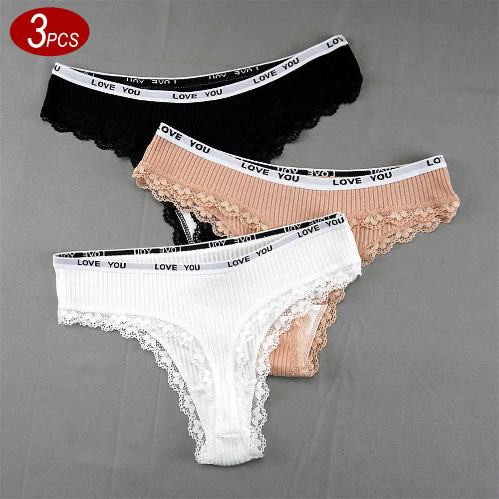 Tanga de algodão para mulheres, calcinha sexy feminina, roupa interior rosa, fio dental, calcinha feminina macia, renda cintura letras, T-Back, M-XL, 3 peças por conjunto, 2024