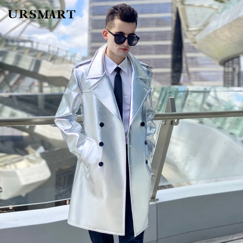 

men's leather windbreaker double breasted European and American trend silver men's leather coat thickened inner loose leather tr