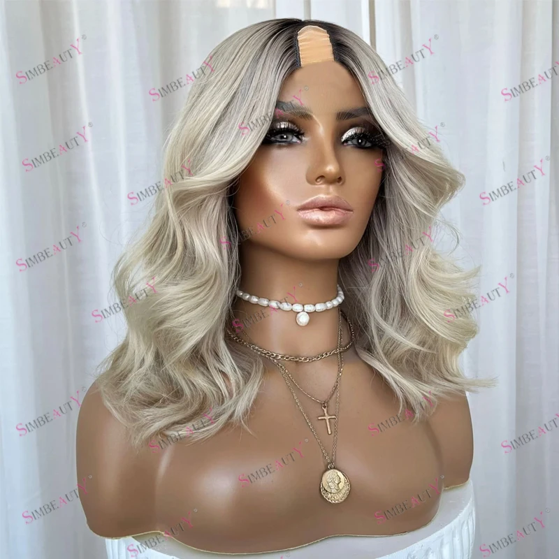 

Темные корни Ombre Серебристый Блондин Волнистый Короткий Боб Бесклеевой U-образный Парик из Человеческих Волос для Чернокожих Женщин Не Кружева Легко Носить Бесклеевая V-образная Часть