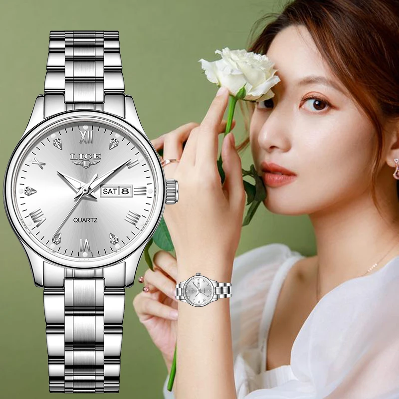 

LIGE классические элегантные кварцевые женские часы, модные роскошные простые повседневные женские водонепроницаемые часы с автоматической датой и неделей для женщин, подарочная коробка