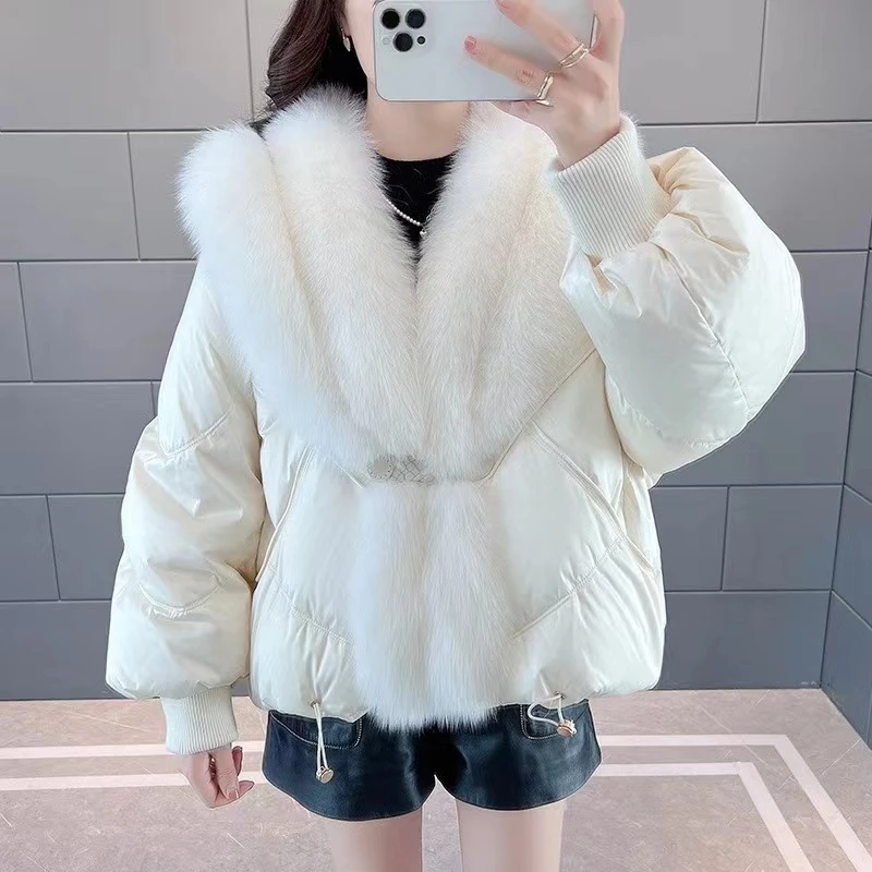 

Hot selling new style fox fur collar white goose down lining winter down jacket high-end model fur coat for women