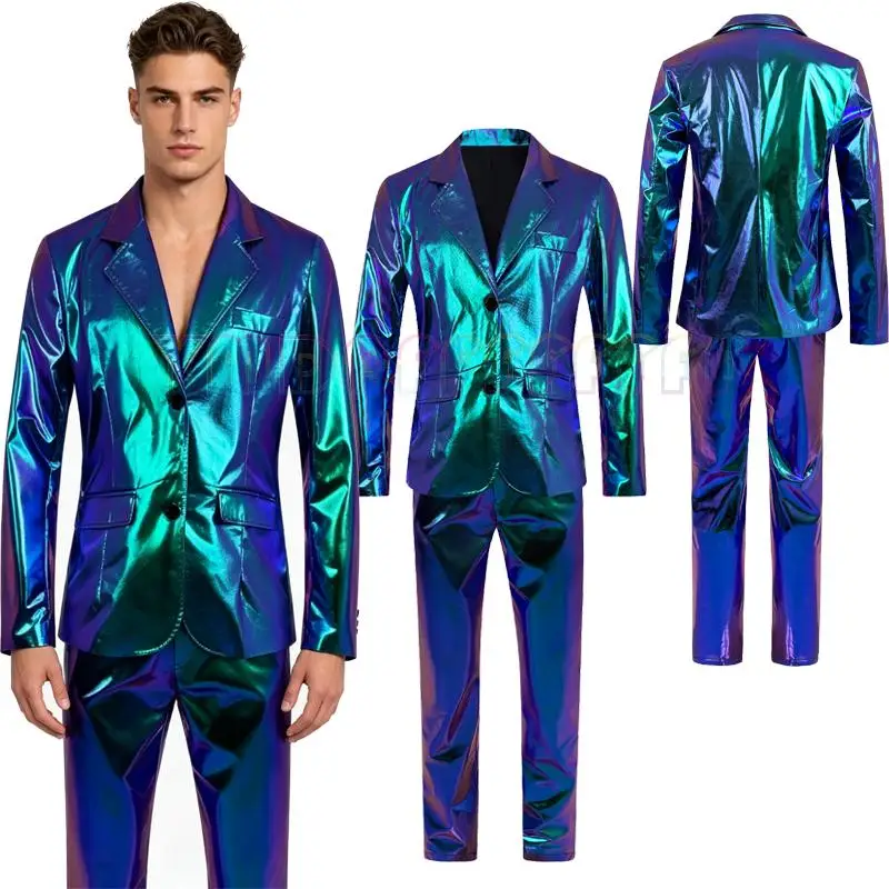 

Anime men's holographic rainbow color two-piece suit with shiny metal jacket and pants DJ Club Pro slim disco party stage costum