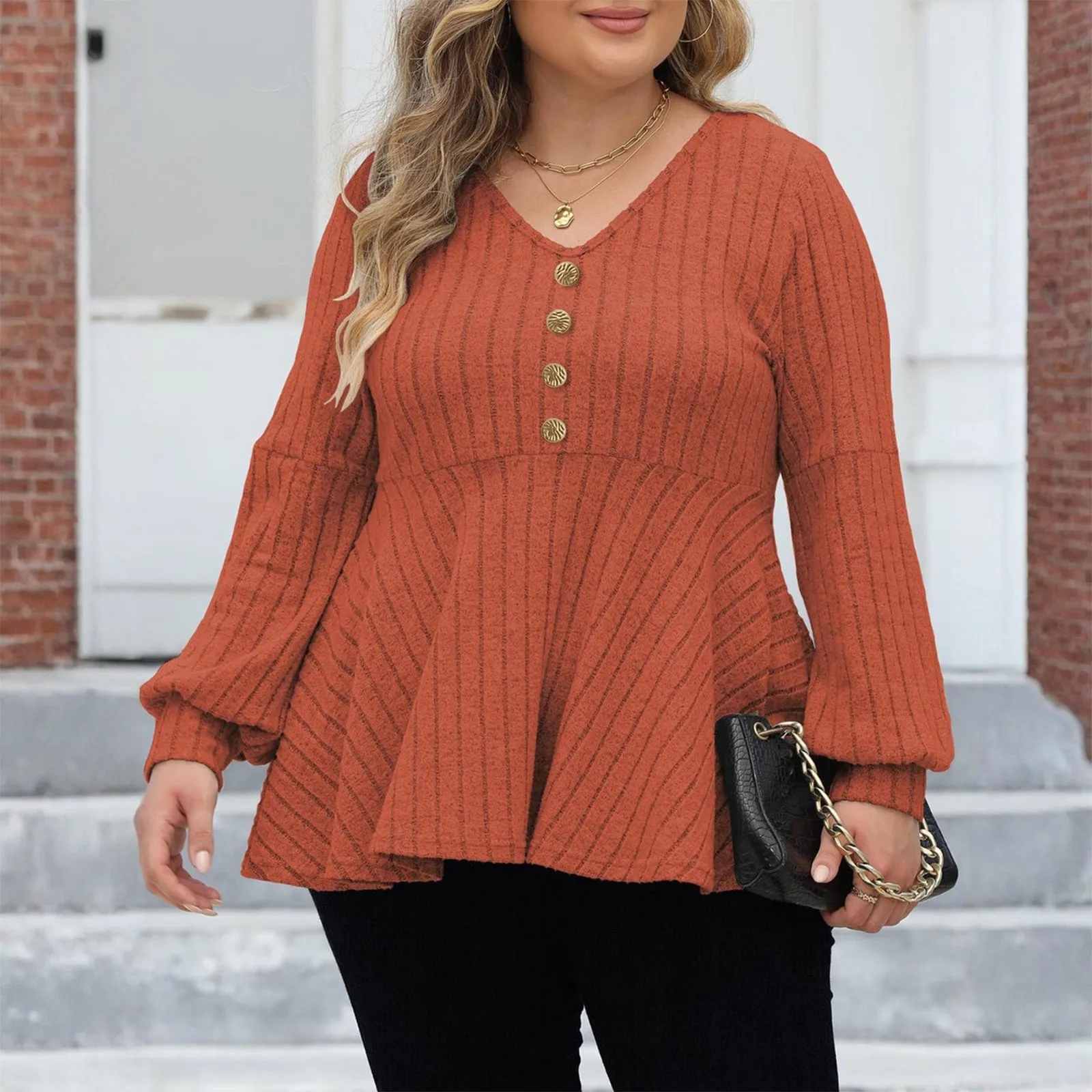 

Женские топы Babydoll больших размеров, осенняя флисовая футболка в рубчик с v-образным вырезом и рукавами-фонариками, золотой свитер на пуговицах, пуловер