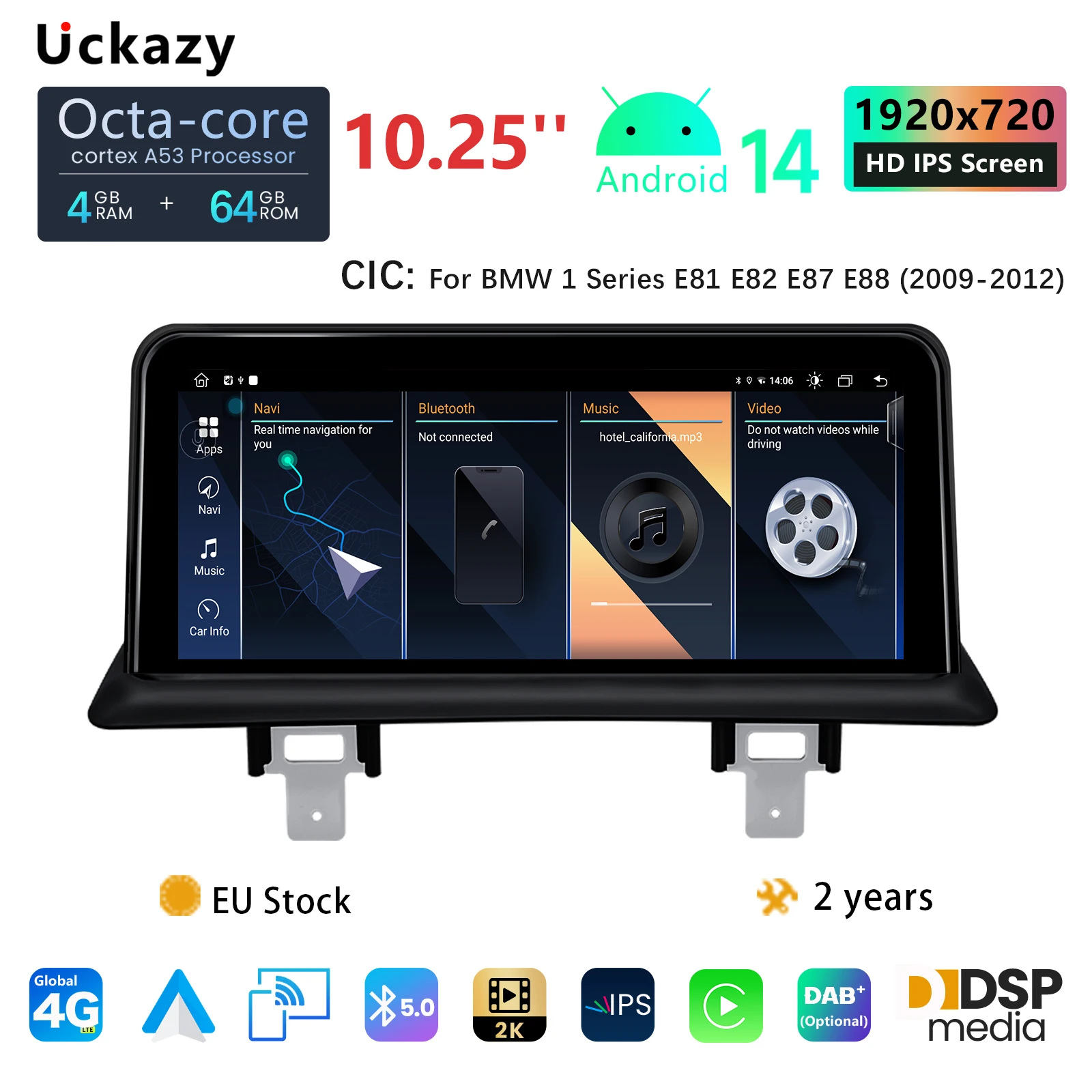 IPS DSP 8 Core 64GB Android 14 Car Radio For BMW 1 Series 120i E81 E82 E87 E88 CCC CIC NET Multimedia Player Screen Head unit Stereo GPS Navigation Audio Carplay