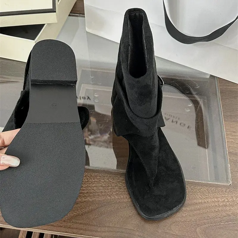 Black Low Heeled Sandals Woman Thong Wedges Shoe Roman Belt Buckle Summer Boots Ladies Peep Toe Wedge Ankle Boots