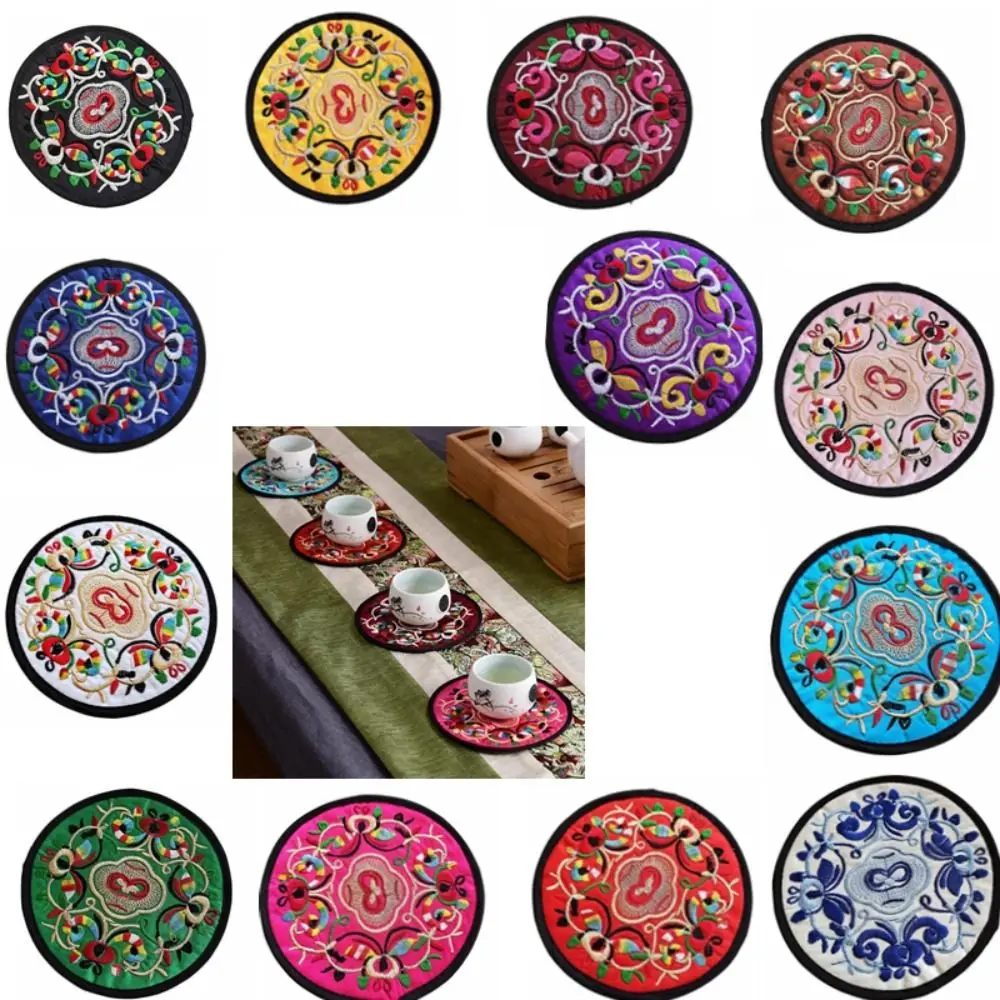 Cloth Chinese Embroidery Insulation Pad Tableware Mat Round Vintage Teacup Placemats Anti-Stain Ethnic Coaster Bowl