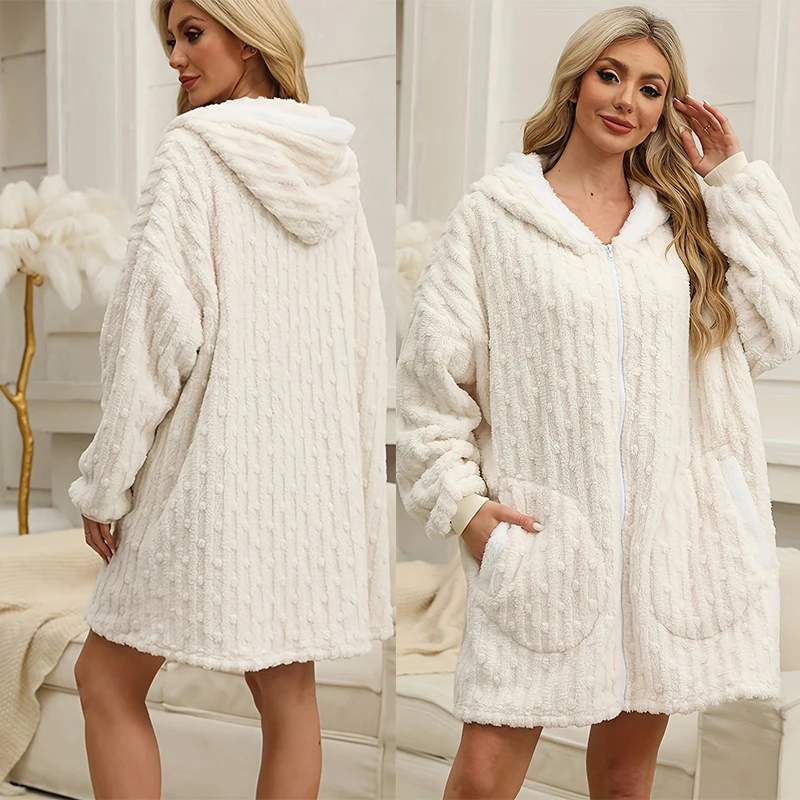 

Autumn Winter Warm Flannel Nightgown Zipper Hooded Coral Fleece Sleepwear Bathrobe Gown Short Home Dress Loose Blanket Pajamas