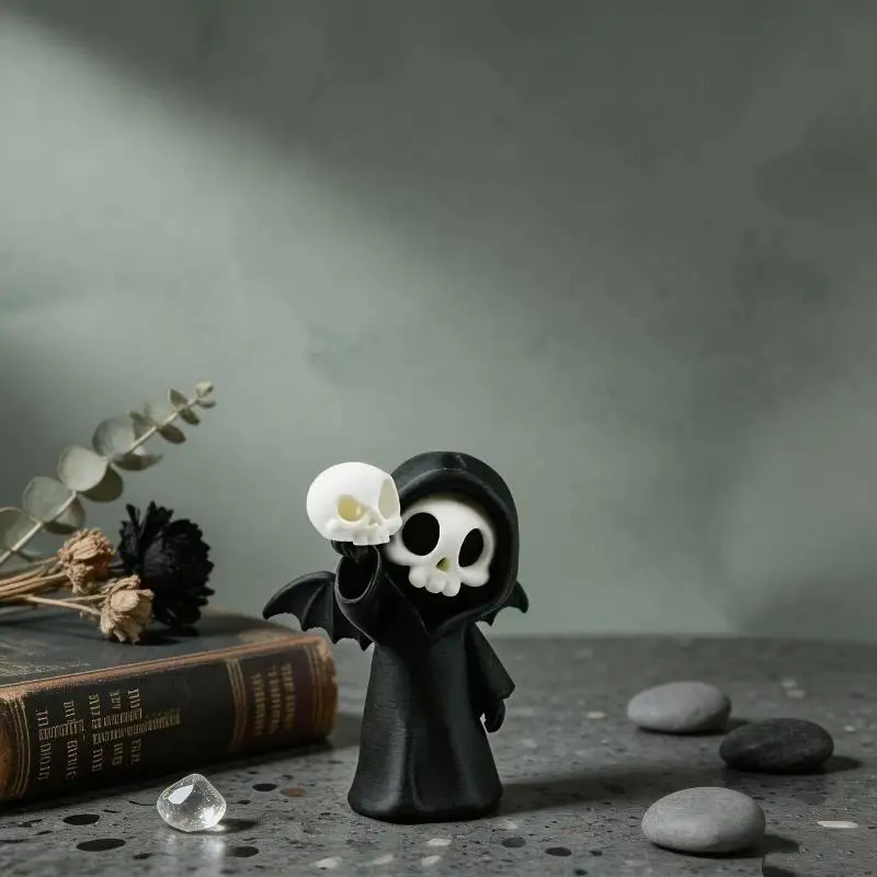 Mini Grim Reaper Resin Figure With Wings, Kawaii Skeleton Statue Holding Skull, Gothic Desktop Ornament For Halloween Party