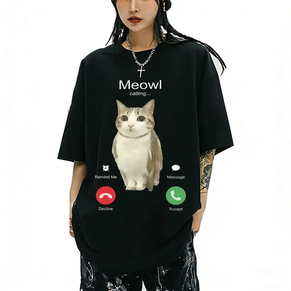 Meowl Is Calling Funny Cat Owl Meme T Shirts Men Women Summer 100% Cotton Short Sleeve T-shirt Men's Casual Oversized T-shirts
