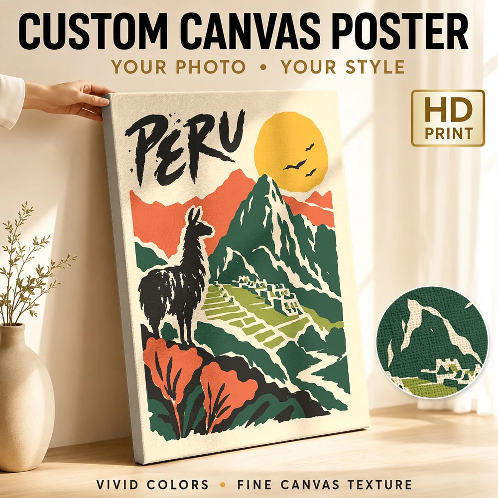 Peru Machu Picchu Travel Wood Framed Canvas Poster Customized Photo Scenic Illustration Wall Art For Living Room Birthday Gift