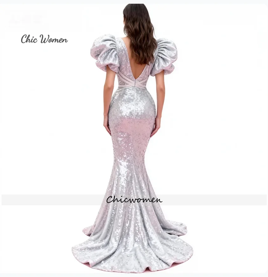 فستان سهرة بترتر فضي سباركلي 2026 بأكمام منتفخة حورية البحر للحفلات الراقصة مثير بدون ظهر مناسبة أعياد الميلاد رداء حفلات رسمي أنيق #2
