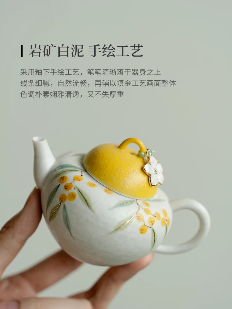 Chinese Rock Mine White Pure Hand Drawing Loquat Little Teapot Household Ceramic Single High-Grade Tea Making Device Kung Fu Set