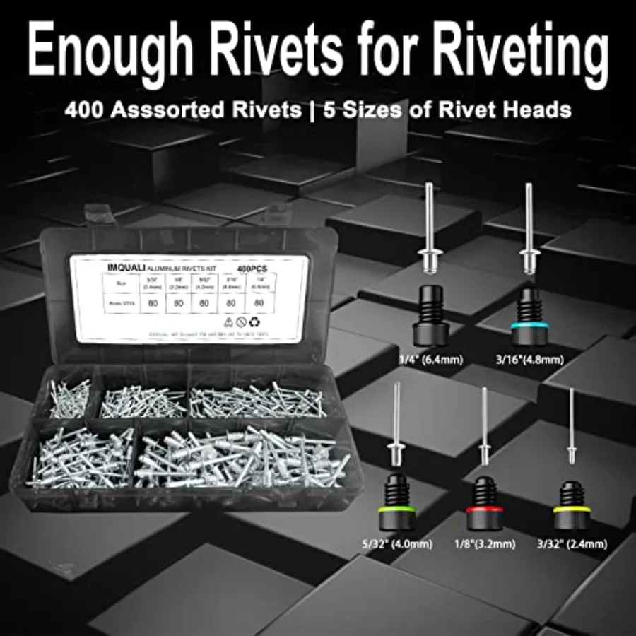 Robustes manuelles Zweihand-Nietpistolen-Set mit 400 Pop-Nieten und 5 Nasenstücken für Anwendungen aus Metall, Leder und Kunststoff. Inklusive