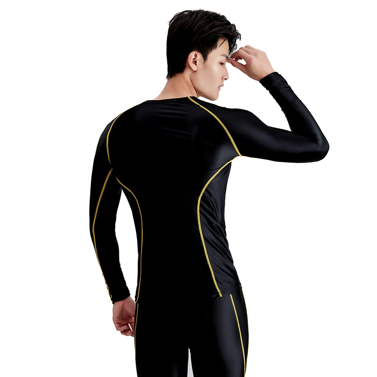 AMORESY Hyperion Series Men Glossy Satin O-neck Longsleeve Sport Fitness Tight T-shirt Sunscreen Breathable Running Cycling Tops