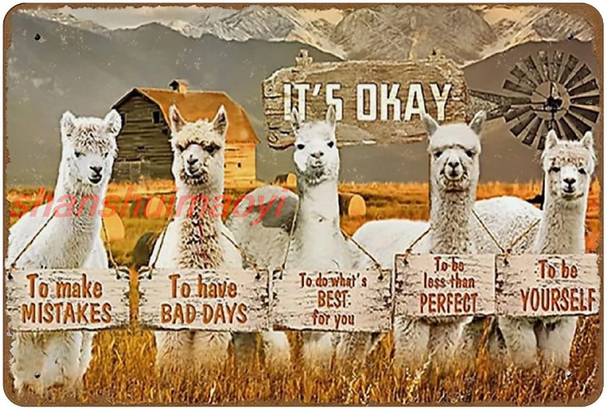 Llama It's Okay To Make Mistakes Poster Llama Lover Poster Cute Llama Art Wall Decor Novelty Hot Coffee Poster Metal Tin Sig