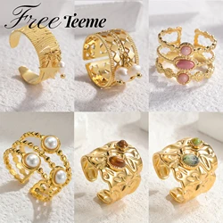 Freeteeme Vintage Style Wide Open for Women Men Ring 18K Gold Plated Stainless Steel Geometry Stoned Rings Jewelry Couple Gift