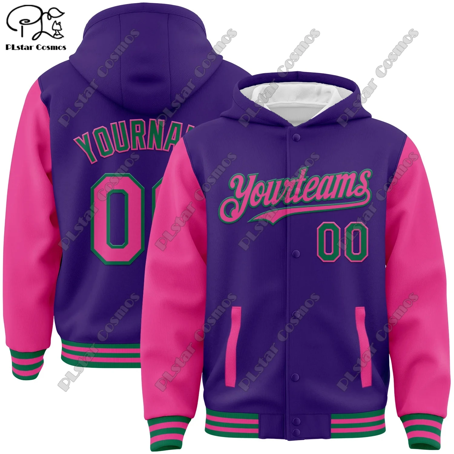 Brand New 3D Printed Custom Team Name Name Number Purple Jacket Authentic Full Snap Jacket Hoodie Unisex Winter New Style - 2