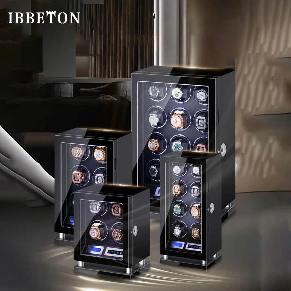 IBBETON Fingerprint Unlock Automatic Watch Winder with 3/4/6/8/9/12 slot Touchscreen Remote Control Mabuchi Motor Watch Safe Box