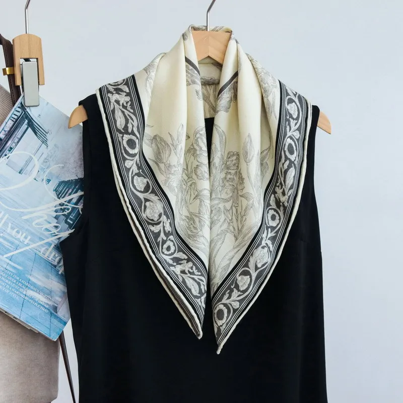 Rich Orchid Fragrance Floral Silk Wool Square Scarf Double Sided Different Color Literary Style Women Versatile Shawl Neck Wrap